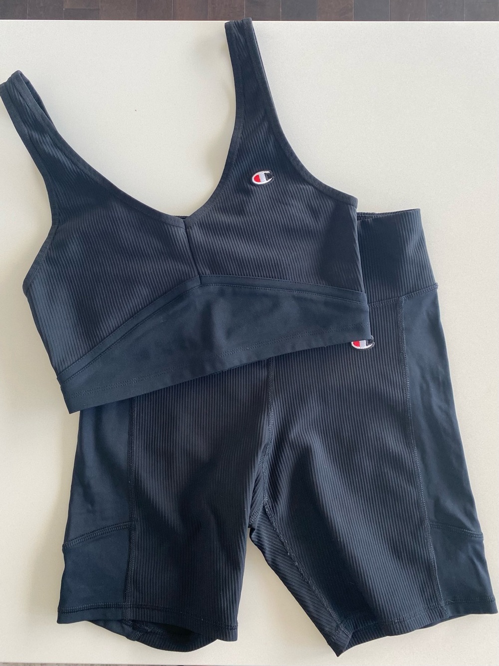 Champion Black Ribbed Crop Sports Bra & Bike Shorts Set